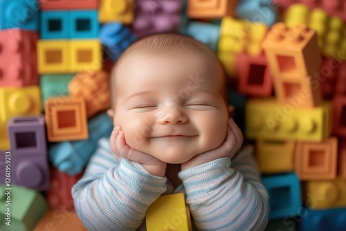 Smiling baby relaxing among colorful building blocks during a playful indoor activity session in a cozy environment
