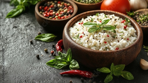 Delicious rice bowl with fresh herbs and colorful spices on a dark kitchen co...