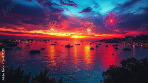 Fireworks illuminate the sky above the harbor during a vibrant sunset
