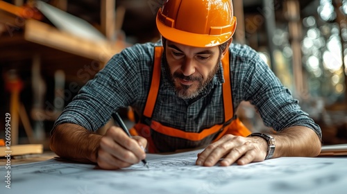Construction worker drafts building plans at a construction site during dayli...