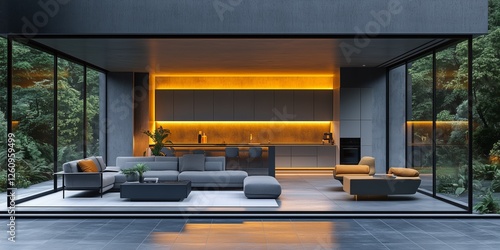 Modern living room with large windows overlooking a lush garden on a sunny day