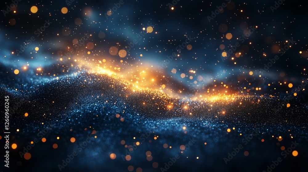 Obraz premium Mystical cosmic landscape with glowing particles and swirling patterns in deep blue hues