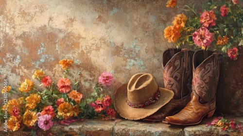 Cowboy boots, hat, flowers, wall, sunlit