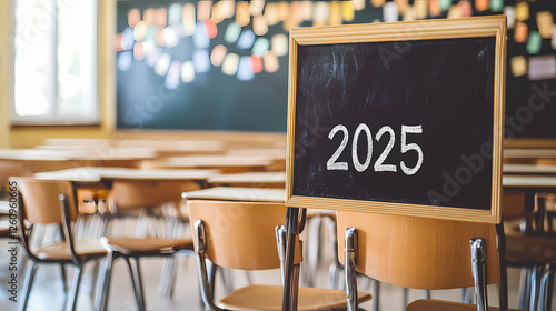 2025: Classroom Ready: A classroom's empty desks and chairs await the upcoming academic year 2025, a small chalkboard sign standing prominently in the foreground.