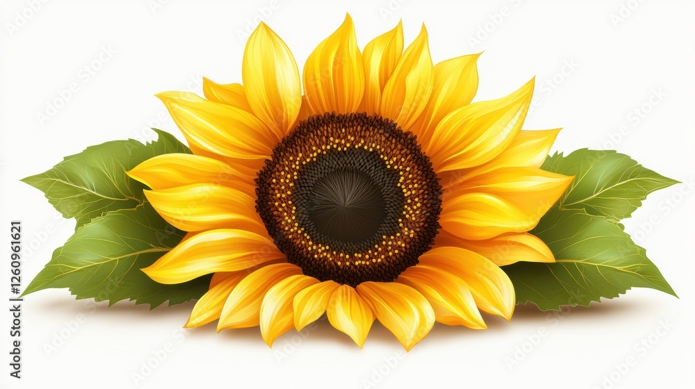 Fototapeta premium Vibrant Sunflower with Lush Green Leaves on Light Background Displaying Natural Beauty