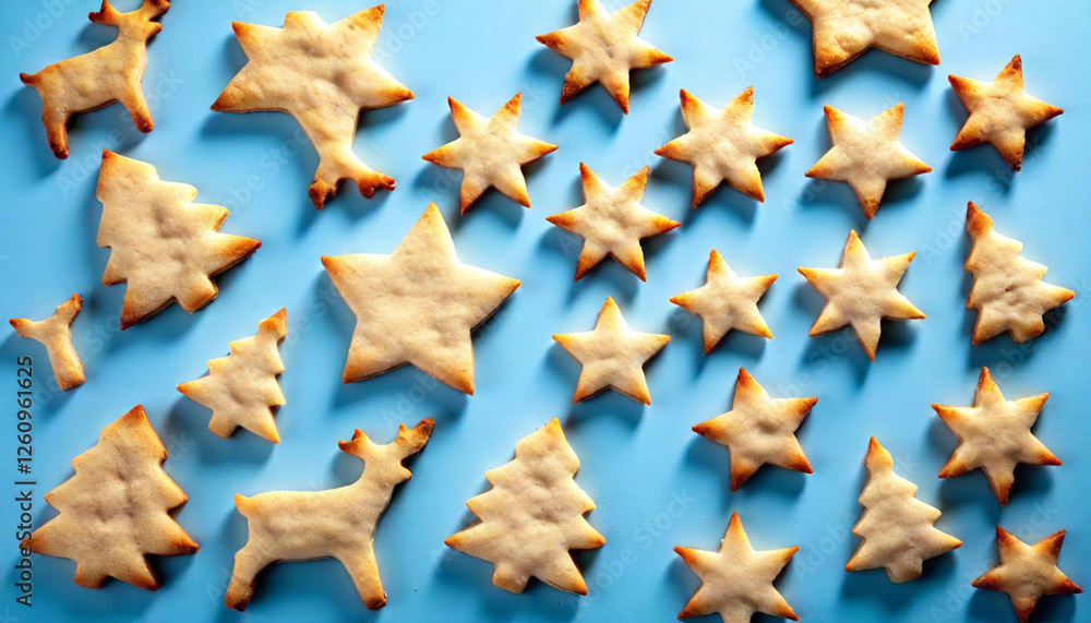 Fototapeta premium A watercolor painting of Christmas cookies shaped like stars and reindeer, decorated with frosting.