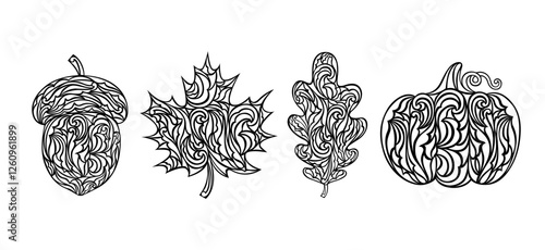 Set of vector autumn templates for laser and paper cutting. Black ornament silhouettes of pumpkin, maple and oak leave, acorn. Thanksgiving Day decorative symbols. Isolated on white.