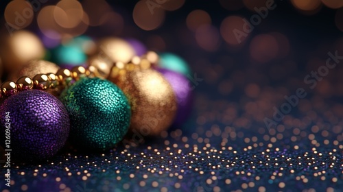 Colorful beads resting on a sparkling surface during a festive celebration