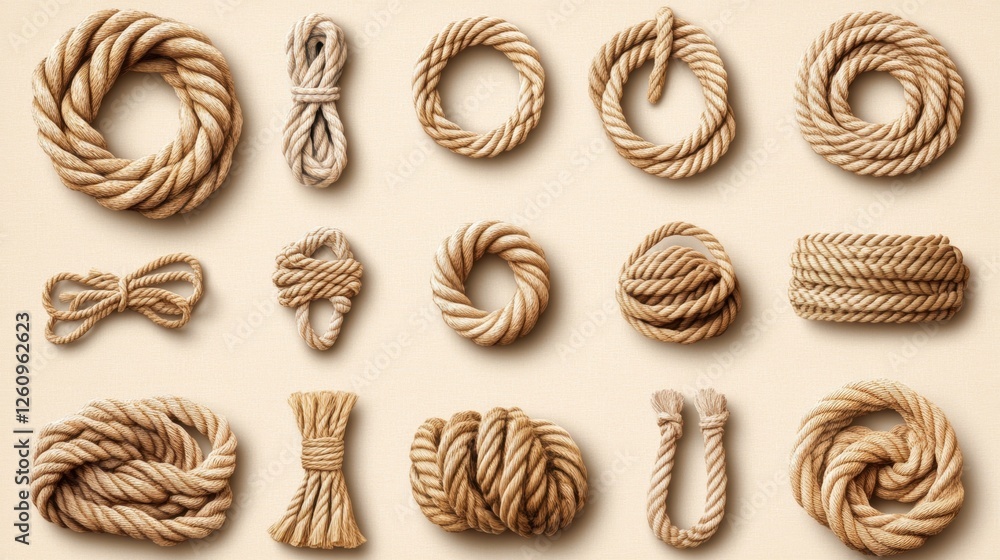 Collection of Various Natural Fiber Ropes in Different Shapes and Textures on Neutral Background Collection of Various Natural Fiber Ropes in Different Shapes and Textures on Neutral Background