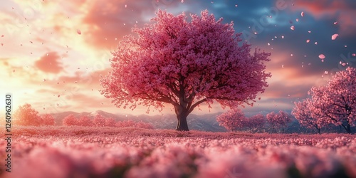 Beautiful cherry blossom tree in full bloom during sunset in a serene landscape