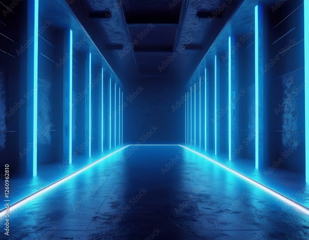 3d rendering of blue neon glowing spaceship corridor background dark. Cyberpunk concept. Scene for advertising, showroom, technology, game, sport, metaverse. Sci-Fi Illustration. Product display. 3d rendering of blue neon glowing spaceship corridor background dark. Cyberpunk concept. Scene for advertising, showroom, technology, game, sport, metaverse. Sci-Fi Illustration. Product display.