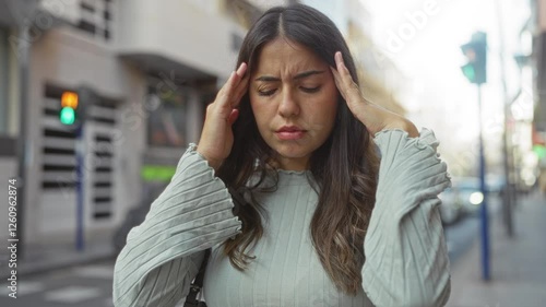 Wallpaper Mural Woman outdoors in city holding her head with a concerned expression on an urban street during the day. Torontodigital.ca