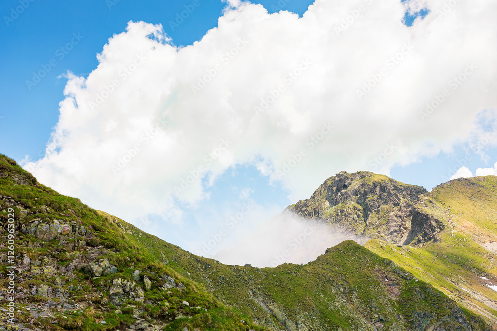 landscape of fagaras mountains in summer. beautiful nature scenery of romania. steep slope, grassy hillside and rocky peak on a sunny day with clouds on the blue sky. scenic travel background