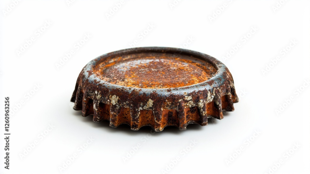 Rusty Bottle Cap on White Background with Worn Surface Texture