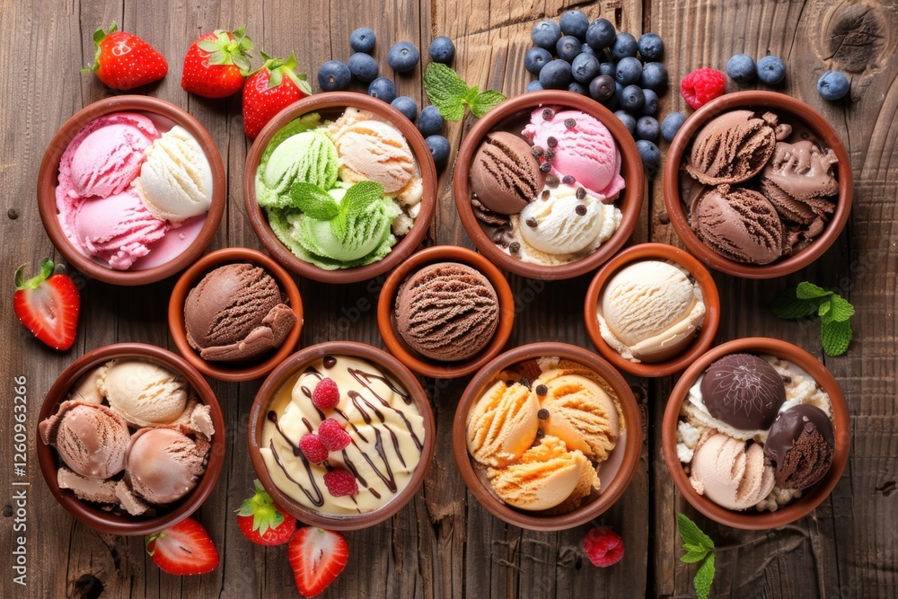 Fototapeta premium Ice cream bowls variety with fruits on wooden table