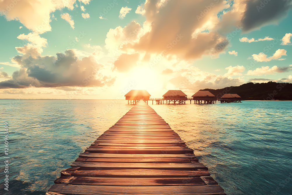 Obraz premium Path to Paradise: A wooden pier stretches out into the turquoise waters of the tropics, leading to a cluster of thatched-roof bungalows bathed in the golden light of a spectacular sunrise.