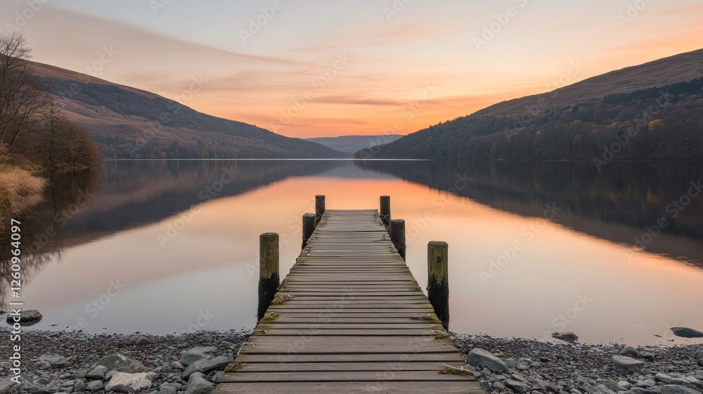 Fototapeta premium Sunrise lake pier, mountain reflection