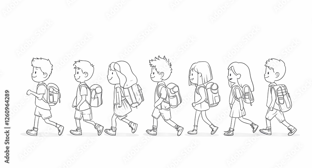 Kids Walking to School: A line of cheerful children with backpacks, merrily walking to school, captured in a simple yet expressive line drawing style. Kids Walking to School: A line of cheerful children with backpacks, merrily walking to school, captured in a simple yet expressive line drawing style.