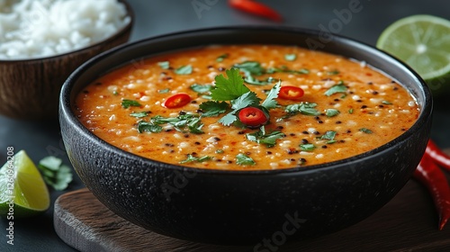 Delicious lentil curry served in a black bowl with rice and lime halves on a ...