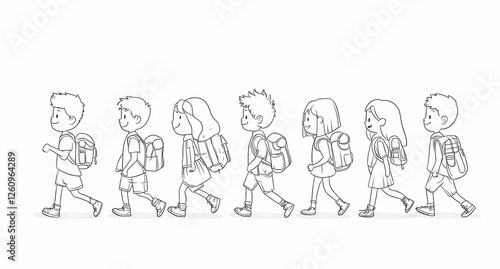 Kids Walking to School: A line of cheerful children with backpacks, merrily walking to school,  captured in a simple yet expressive line drawing style.