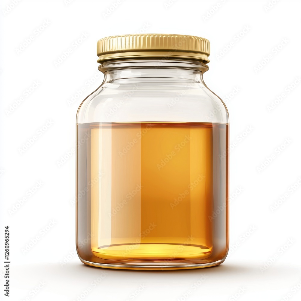 Clear Glass Jar with Golden Lid Containing Amber Liquid Clear Glass Jar with Golden Lid Containing Amber Liquid