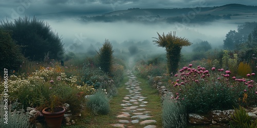 Morning mist blankets the valley with a tranquil bench overlooking the landscape