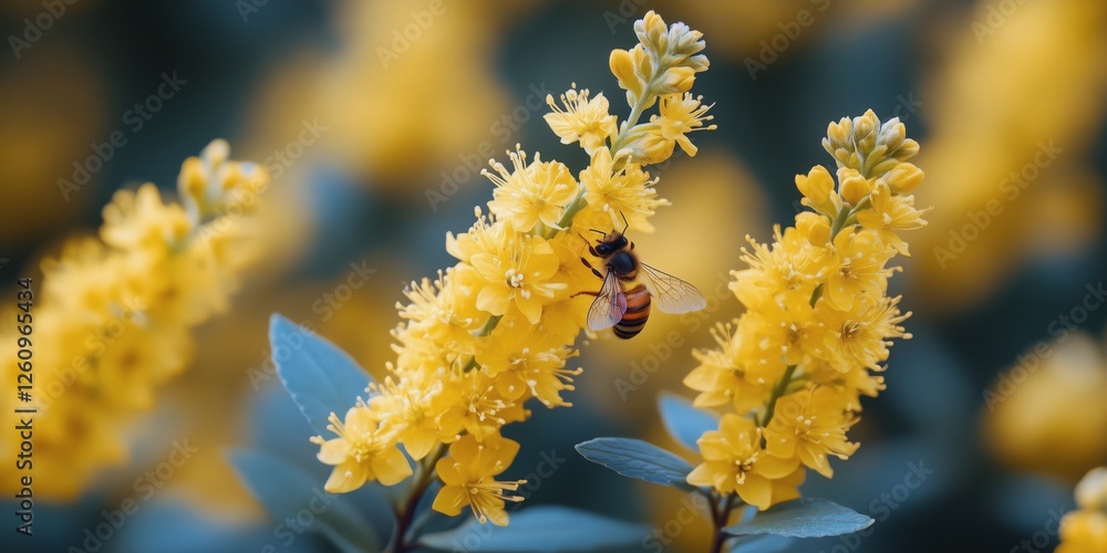 Bee collecting nectar from vibrant yellow flowers in a sunny garden setting