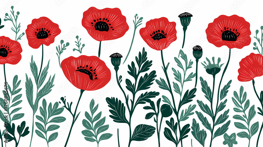 Fototapeta premium Red Poppy Meadow: A vibrant illustration of red poppies and foliage creates a cheerful and lively floral border, perfect for adding a touch of springtime freshness to your designs.