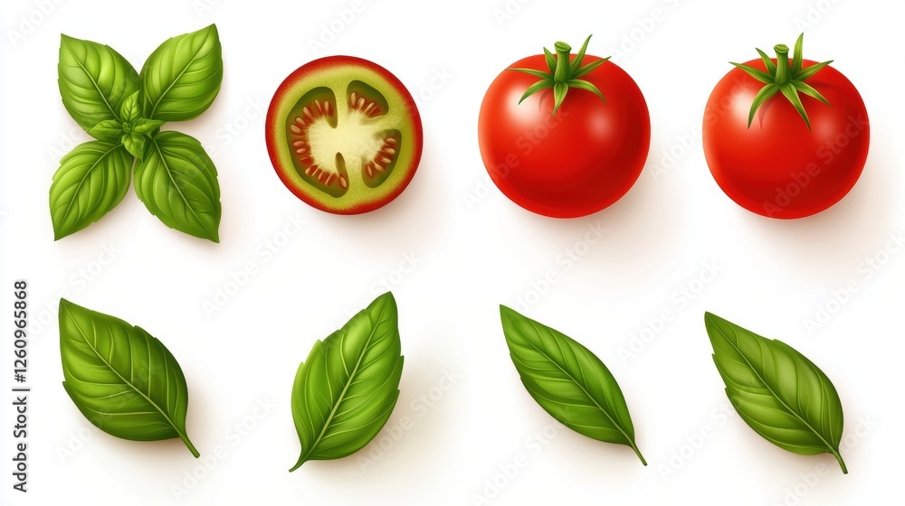 Fresh Basil Leaves and Ripe Red Tomatoes Including Sliced Tomato on White Background Fresh Basil Leaves and Ripe Red Tomatoes Including Sliced Tomato on White Background
