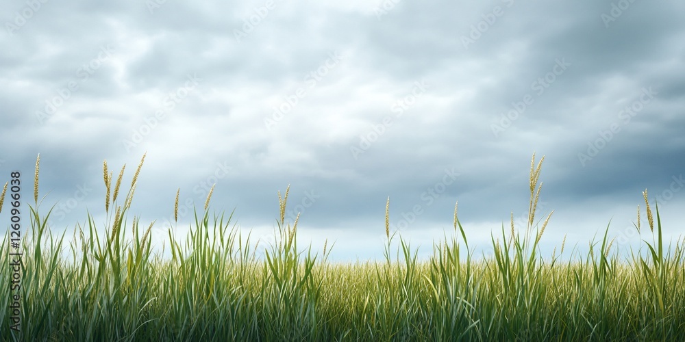 Fototapeta premium Grass field under stormy sky; nature scene