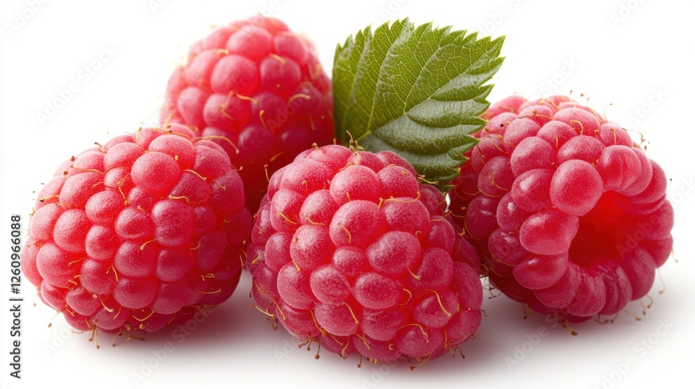 Fresh and Juicy Raspberries with a Green Leaf Isolated on White Background Fresh and Juicy Raspberries with a Green Leaf Isolated on White Background