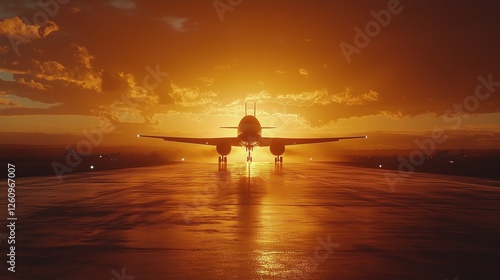 Airplane landing at sunset over a shimmering runway in a vibrant sky