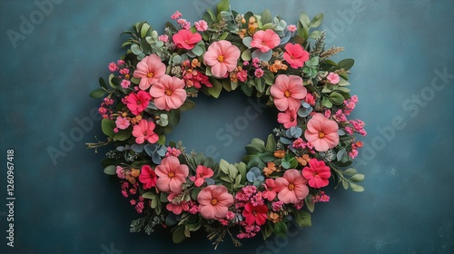 Colorful floral wreath made with various flowers and greenery arranged beauti...