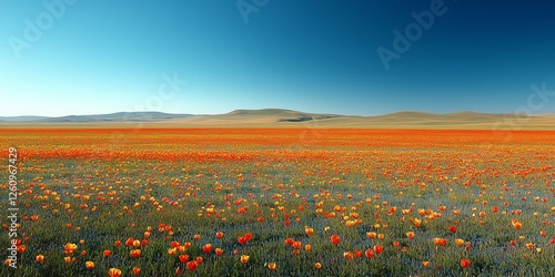 Colorful tulip field under a clear blue sky during spring in a rural landscape