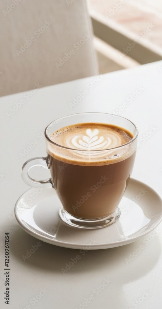 Hot latte placed on a white background in a minimalist style. Hot latte placed on a white background in a minimalist style.