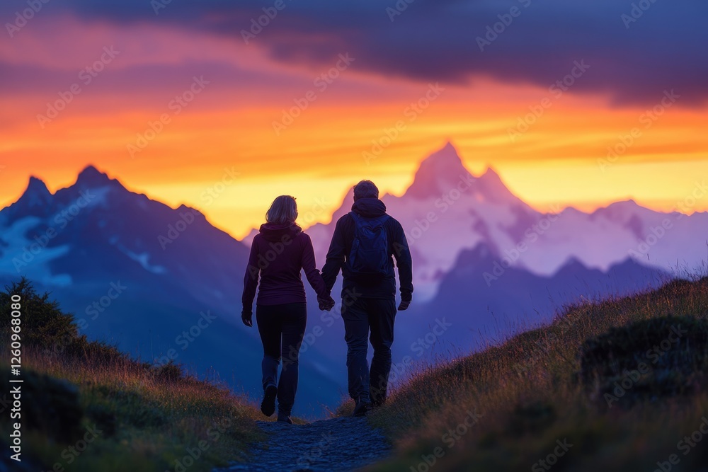 Obraz premium Couple holding hands, hiking a mountain trail at sunset, enjoying the vibrant colors of the sky and majestic mountain range.