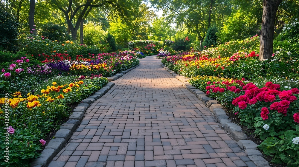 Sunlit garden path, vibrant flowers, summer, peaceful scene, website banner Sunlit garden path, vibrant flowers, summer, peaceful scene, website banner