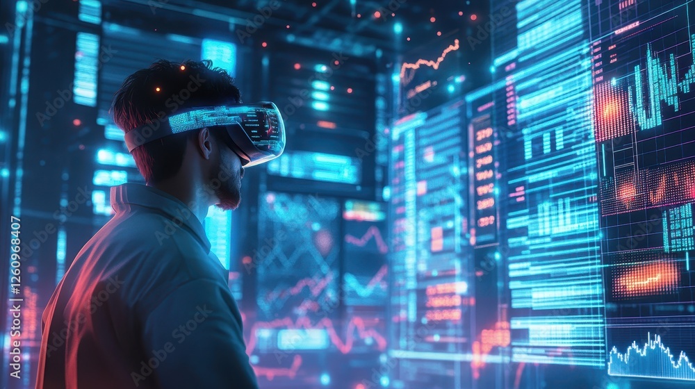 Virtual reality trader manipulating floating cryptocurrency analytics Virtual reality trader manipulating floating cryptocurrency analytics