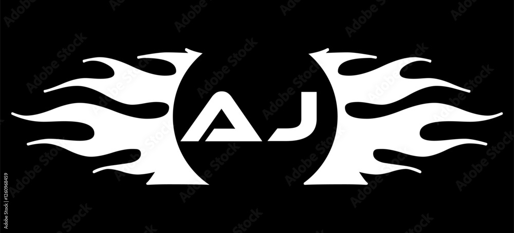 Futuristic abstract Logo with Fiery Flame Motif and Geometric 'AJ' Emblem, Black and White Artwork Futuristic abstract Logo with Fiery Flame Motif and Geometric 'AJ' Emblem, Black and White Artwork