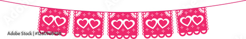 Pink Mexican flags for Mexican style wedding. Papel Picado with floral pattern and hearts. Isolated vector illustration