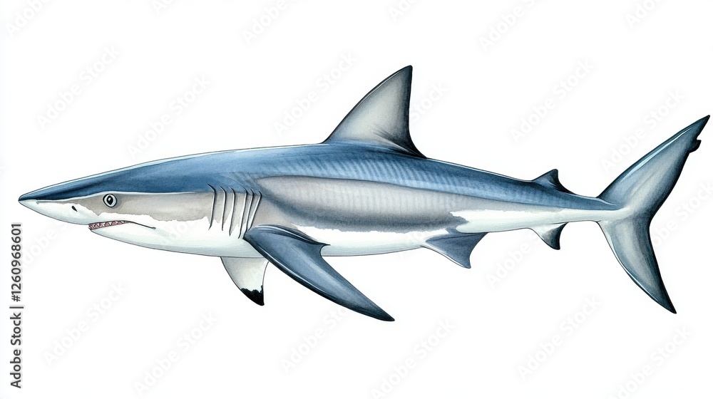Realistic illustration of a powerful shark swimming in open ocean waters with blue and grey tones Realistic illustration of a powerful shark swimming in open ocean waters with blue and grey tones