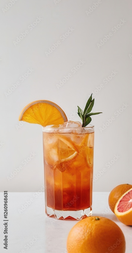 Fototapeta premium Iced orange Americano on white background in minimalist style