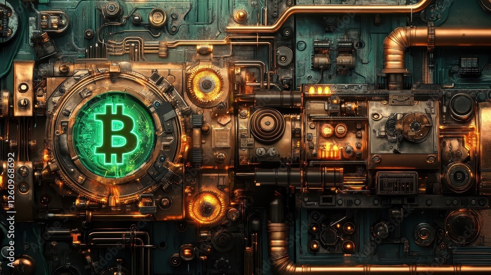 Victorian-style crypto press stamping Bitcoin banknotes with steam power Victorian-style crypto press stamping Bitcoin banknotes with steam power