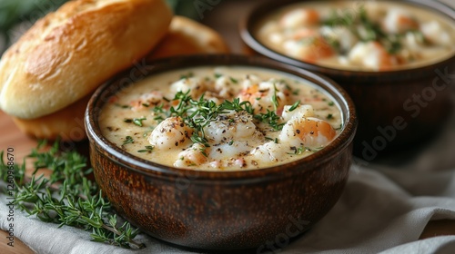 Shrimp stew served with fresh bread and herbs on a wooden table