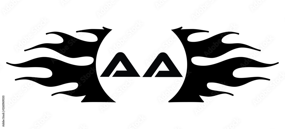 Fototapeta premium Futuristic abstract Logo with Fiery Flame Motif and Geometric 'AA' Emblem, Black and White Artwork
