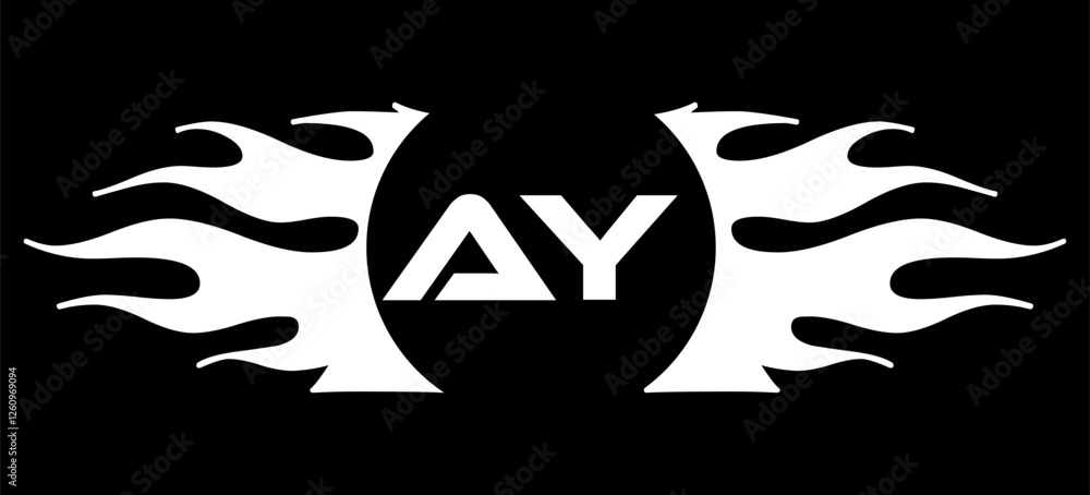 Futuristic abstract Logo with Fiery Flame Motif and Geometric 'AY' Emblem, Black and White Artwork Futuristic abstract Logo with Fiery Flame Motif and Geometric 'AY' Emblem, Black and White Artwork