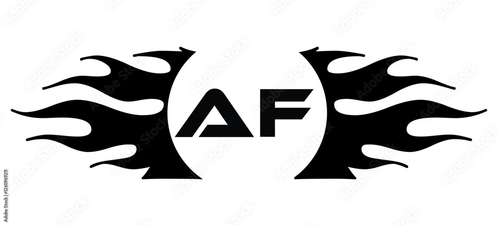 Futuristic abstract Logo with Fiery Flame Motif and Geometric 'AF' Emblem, Black and White Artwork Futuristic abstract Logo with Fiery Flame Motif and Geometric 'AF' Emblem, Black and White Artwork