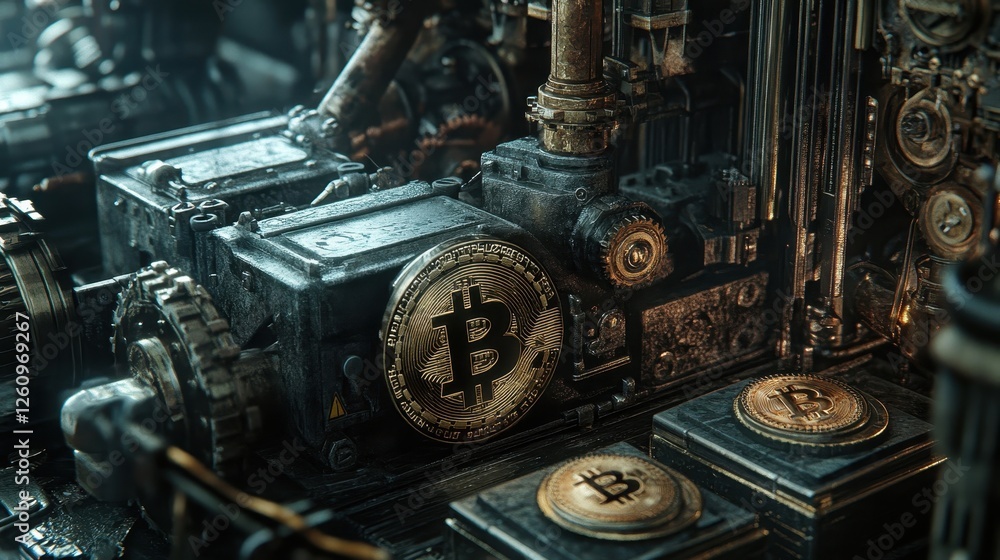 Fototapeta premium Industrial Bitcoin engraver with detailed blockchain currency patterns