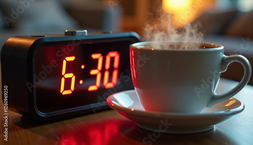 Classic alarm clock showing six thirty with a steaming coffee cup, perfect for an early morning
