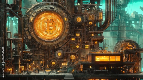Massive industrial Bitcoin press generating Victorian-style banknotes